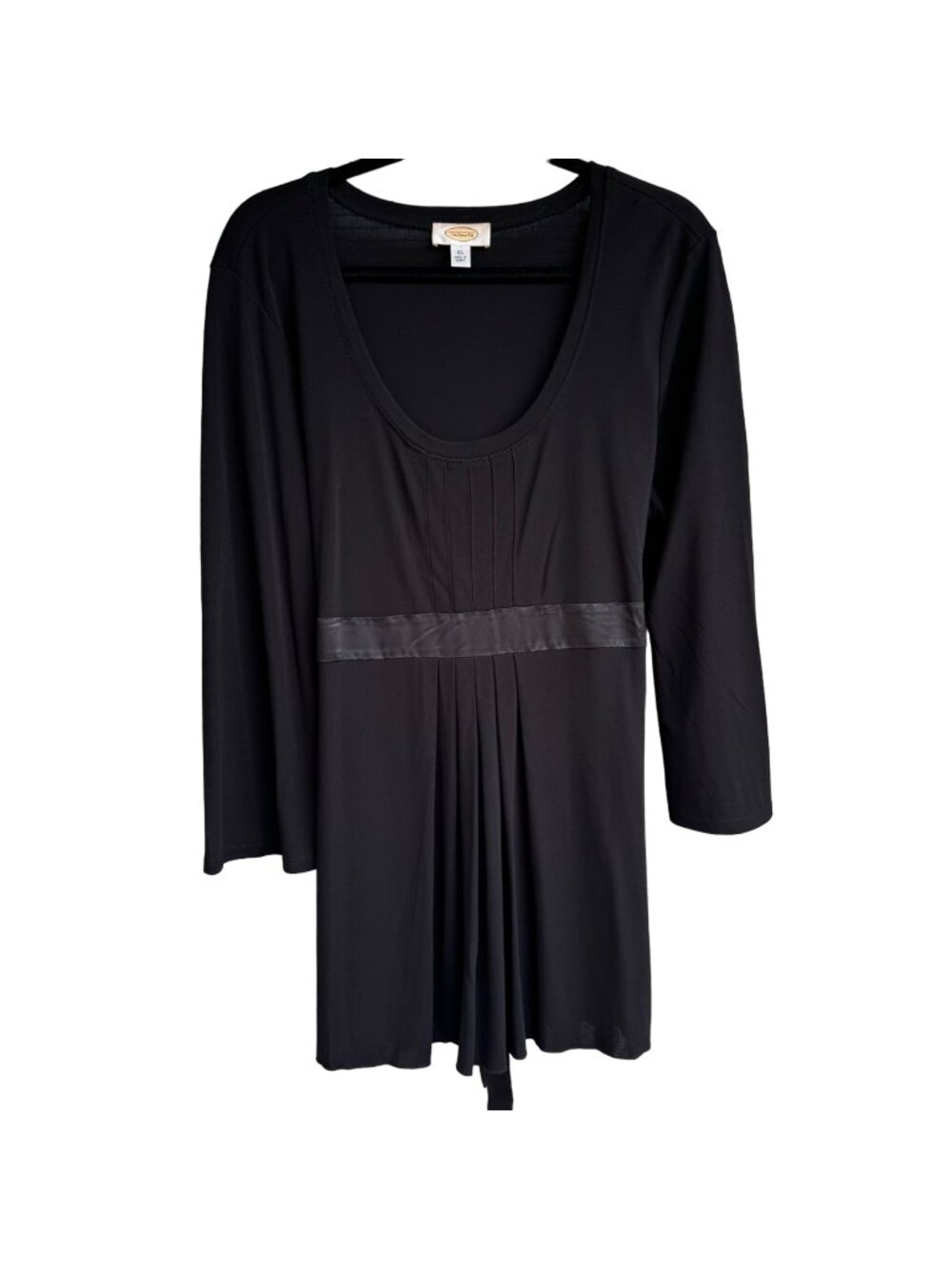 Talbots Black Tunic Top XL Long Sleeve Ribbon Belt & Pleated Deep Scoop Neck New - Picture 1 of 10